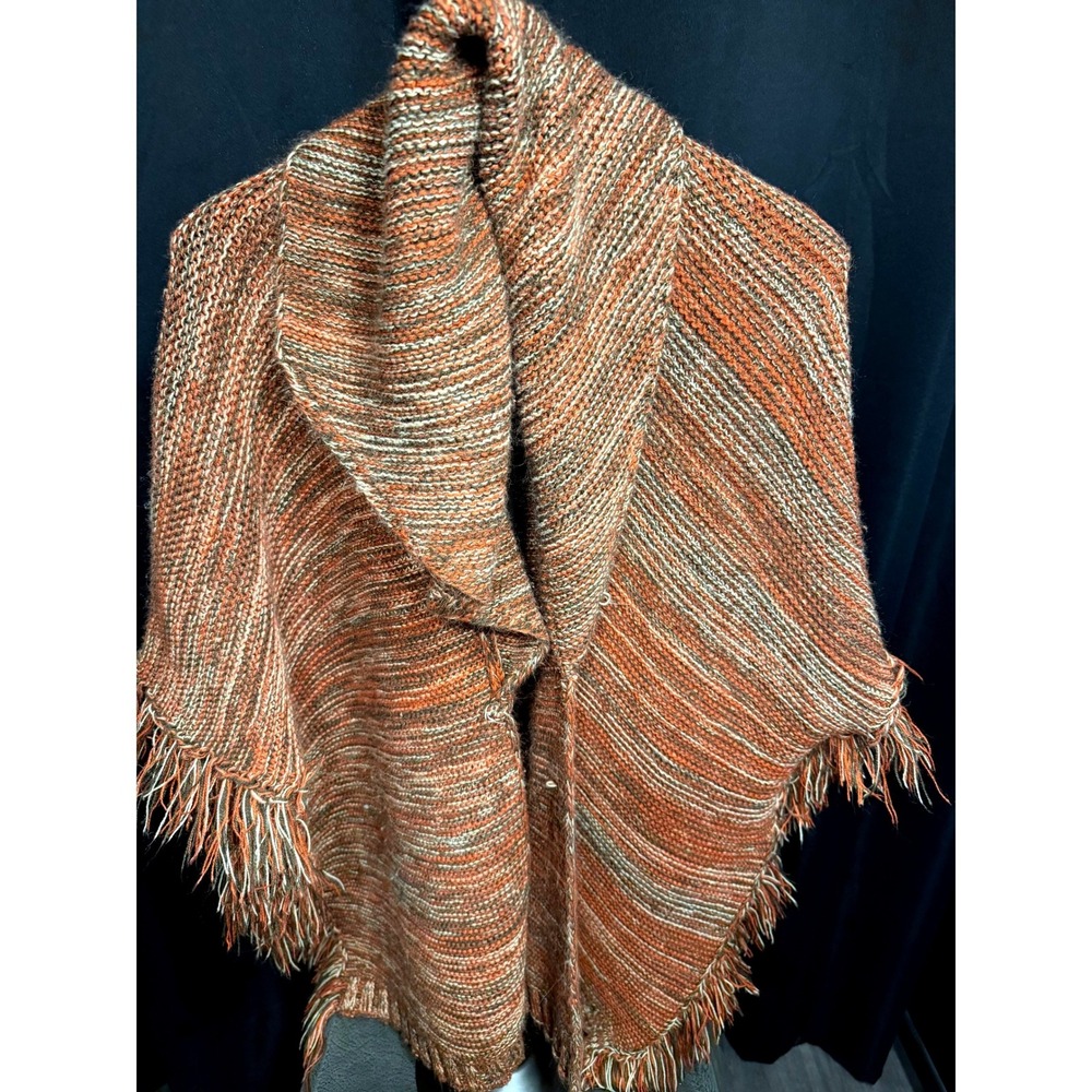 Francescas Womens One Size Fringe Poncho Wrap Shawl Collar Space Dye Earth Tone